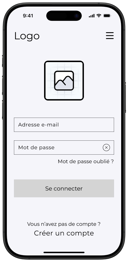 Ecran de connexion d'une application sur un téléphone en noir et blanc